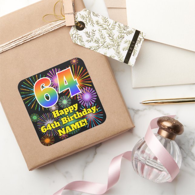 64th Birthday: Fun Fireworks Look, Rainbow # 64 Square Sticker (Gifting)