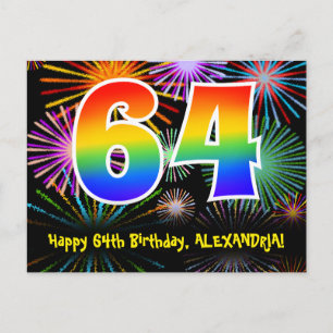 64th Birthday – Fun Fireworks Pattern + Rainbow 64 Postcard
