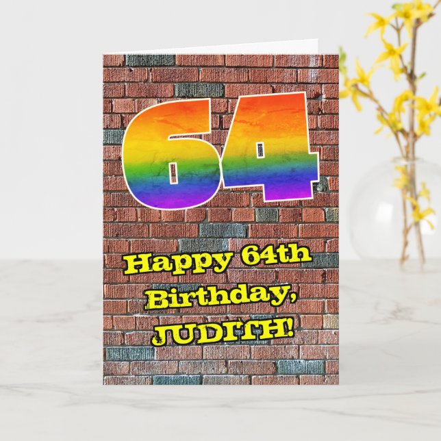 64th Birthday: Fun Graffiti-Inspired Rainbow 64 Card (Yellow Flower)