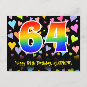 64th Birthday: Fun Hearts Pattern, Rainbow 64 Postcard
