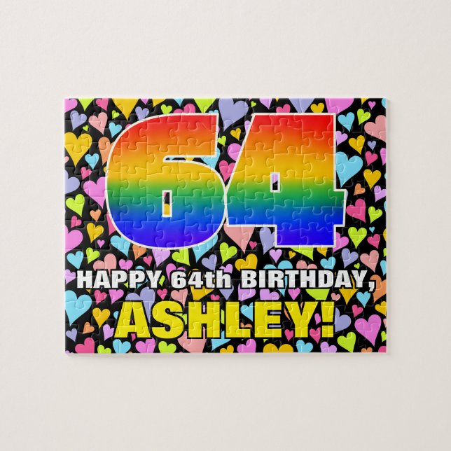 64th Birthday — Fun, Loving Heart Shapes + “64” Jigsaw Puzzle (Horizontal)