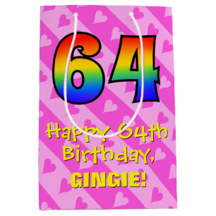 64th Birthday: Fun Pink Hearts Stripes; Rainbow 64 Medium Gift Bag