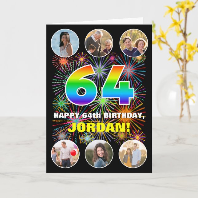 64th Birthday: Fun Rainbow #, Custom Name & Photos Card (Yellow Flower)