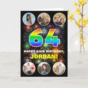 64th Birthday: Fun Rainbow #, Custom Name & Photos Card