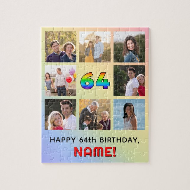 64th Birthday: Fun Rainbow #, Custom Name & Photos Jigsaw Puzzle (Vertical)