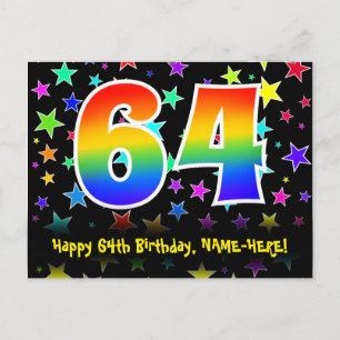 64th Birthday: Fun Stars Pattern, Rainbow 64, Name Postcard