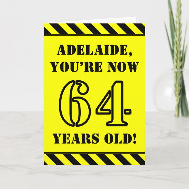 64th Birthday: Fun Stencil Style Text, Custom Name Card (Front)