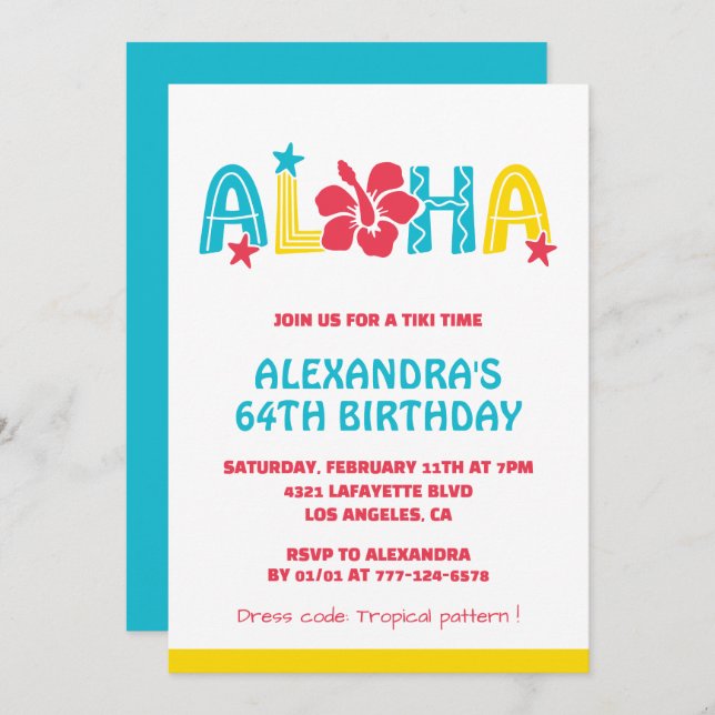 64th birthday invitations Tropical Aloha Hawaiian (Front/Back)