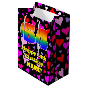 64th Birthday: Loving Hearts Pattern, Rainbow # 64 Medium Gift Bag