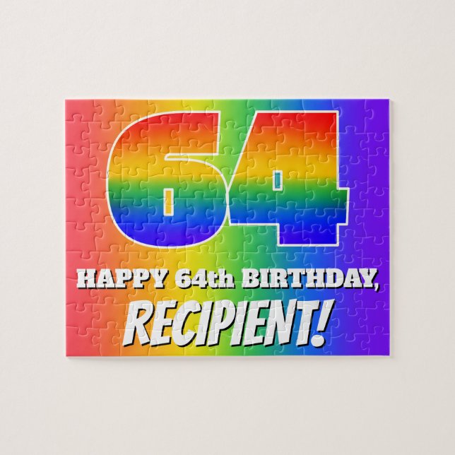 64th Birthday — Multicolored Rainbow Pattern “64” Jigsaw Puzzle (Horizontal)