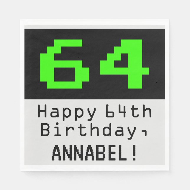 64th Birthday - Nerdy / Geeky Style "64" & Name Napkin (Front)