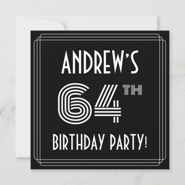 64th Birthday Party: Art Deco Style w/ Custom Name Invitation (Front)