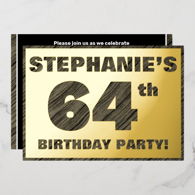 64th Birthday Party — Bold, Faux Wood Grain Text (Front/Back)