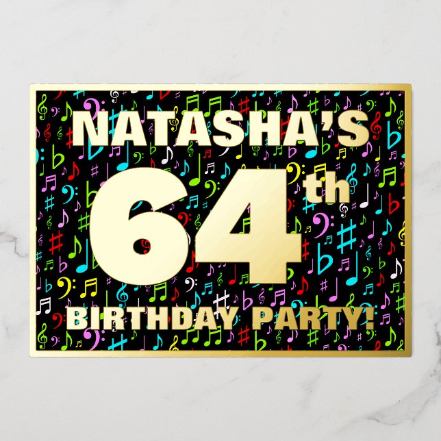 64th Birthday Party — Fun, Colourful Music Symbols (Front)