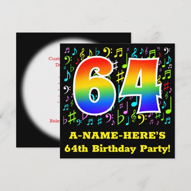 64th Birthday Party: Fun Music Symbols, Rainbow 64 Invitation (Front/Back)