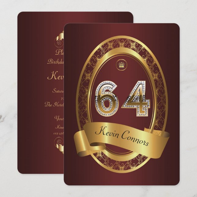 64th,birthday party woman man,elegant colour invitation (Front/Back)