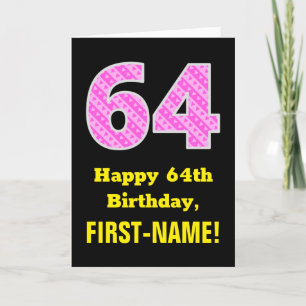 64th Birthday: Pink Stripes and Hearts "64" + Name Card