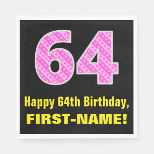 64th Birthday: Pink Stripes and Hearts "64" + Name Napkin