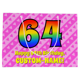 64th Birthday: Pink Stripes & Hearts, Rainbow # 64 Large Gift Bag