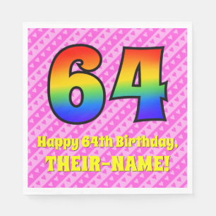 64th Birthday: Pink Stripes & Hearts, Rainbow # 64 Napkin