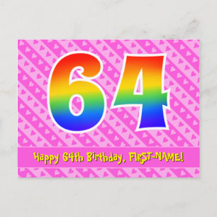 64th Birthday: Pink Stripes & Hearts, Rainbow 64 Postcard