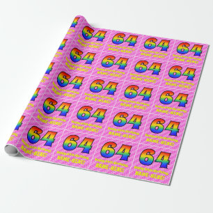 64th Birthday: Pink Stripes & Hearts, Rainbow # 64 Wrapping Paper