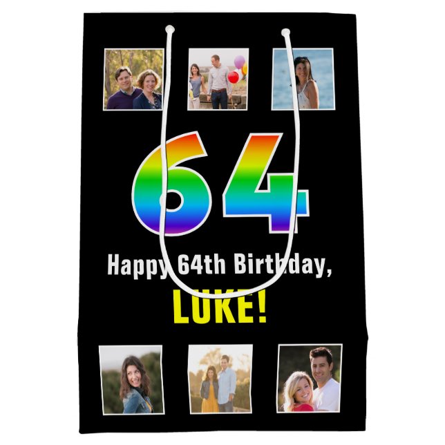 64th Birthday: Rainbow “64“, Custom Photos & Name Medium Gift Bag (Back)