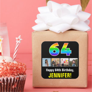 64th Birthday: Rainbow “64”; Custom Photos & Name Square Sticker