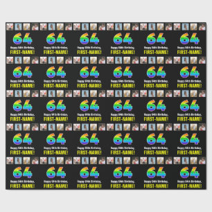 64th Birthday: Rainbow “64“; Custom Photos & Name Wrapping Paper