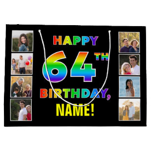 64th Birthday: Rainbow Text, Custom Photos & Name Large Gift Bag