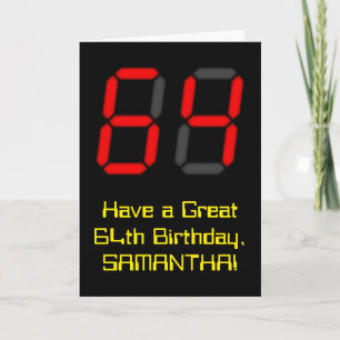 64th Birthday: Red Digital Clock Style "64" + Name Card