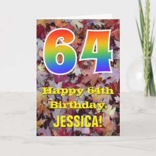 64th Birthday; Rustic Autumn Leaves; Rainbow "64" Card