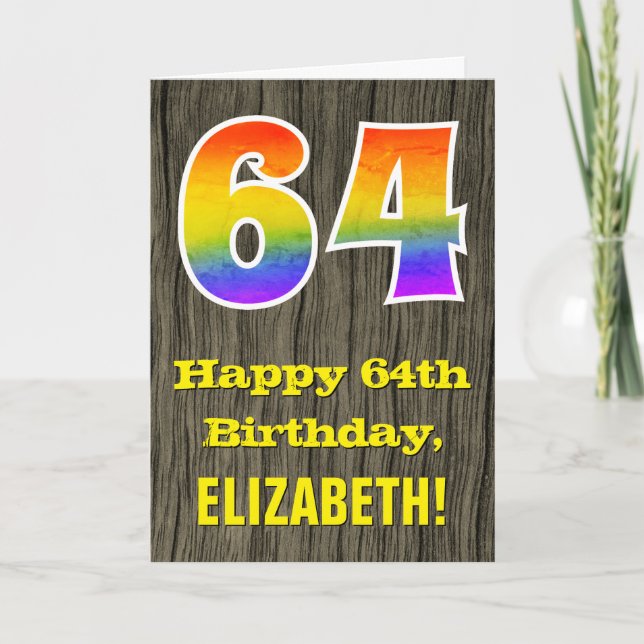 64th Birthday: Rustic Faux Wood Look, Rainbow "64" Card (Front)
