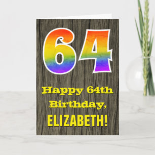 64th Birthday: Rustic Faux Wood Look, Rainbow "64" Card