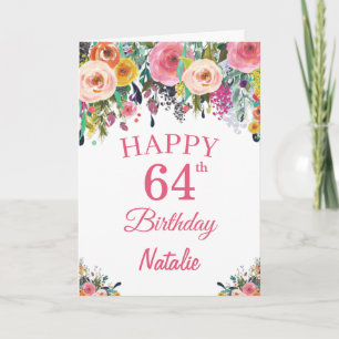 64th Birthday Watercolor Floral Flowers Pink Card