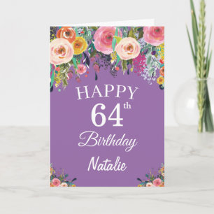 64th Birthday Watercolor Floral Flowers Purple Card
