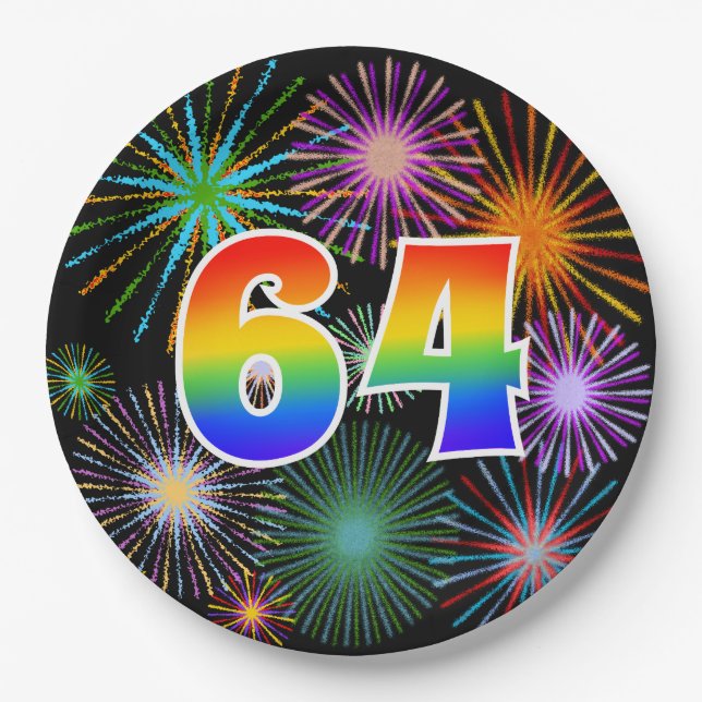 64th Event - Fun, Colourful, Bold, Rainbow 64 Paper Plate (Front)