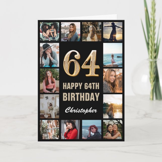 64th Happy Birthday Black and Gold Photo Collage Card (Front)