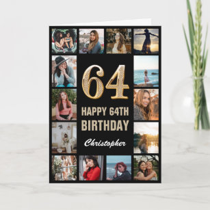 64th Happy Birthday Black and Gold Photo Collage Card