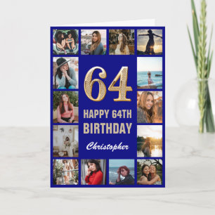 64th Happy Birthday Navy Blue & Gold Photo Collage Card