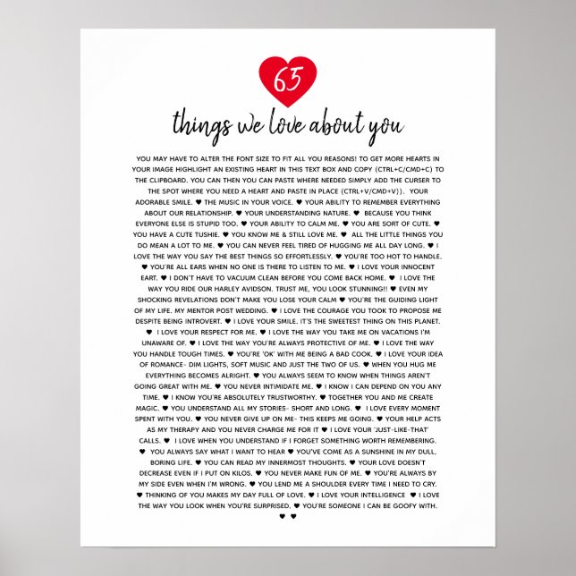 65 things we love about you heart reasons we love poster (Front)