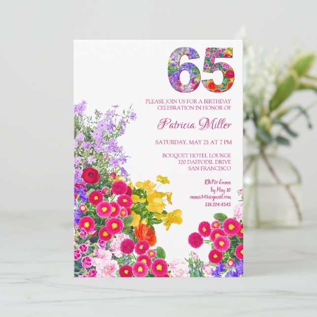 65 Years Elegant Garden Floral – 65th Birthday Invitation (Standing Front)