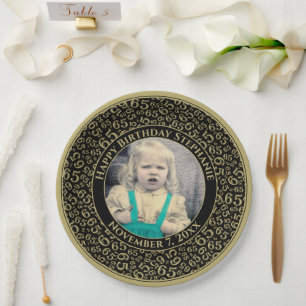 65 Your Photo Random Number Pattern Black/Gold Paper Plate