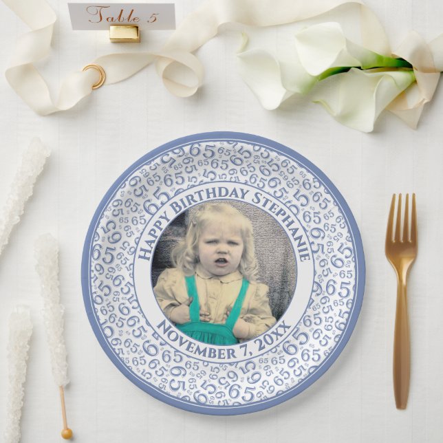 65 Your Photo Random Number Pattern Blue/White Paper Plate (Wedding)