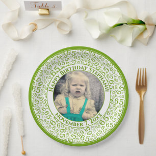 65 Your Photo Random Number Pattern Green/White Paper Plate