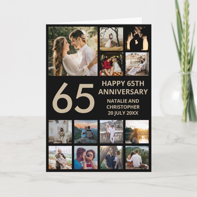 65th Anniversary 13 Photo Collage Black and Gold Card (Front)