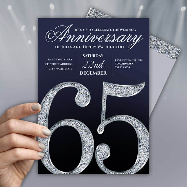65th Anniversary Diamond Silver Navy Blue Modern Invitation (Creator Uploaded)
