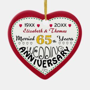 65th Anniversary gift heart shaped Christmas Ceramic Tree Decoration