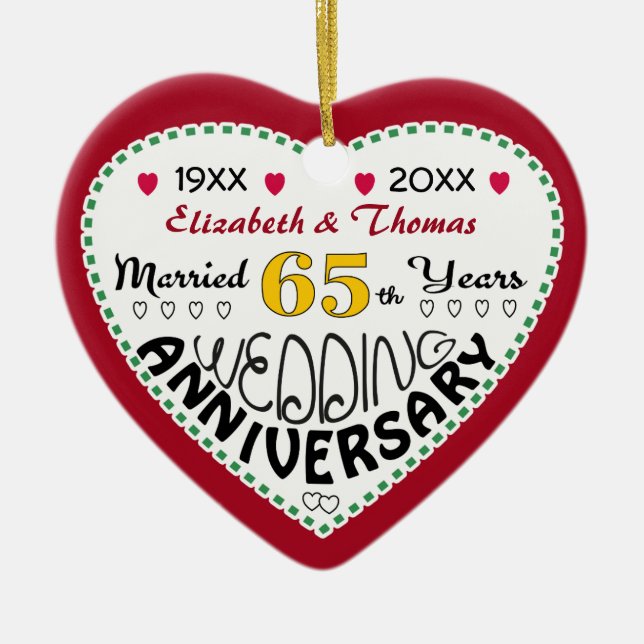 65th Anniversary gift heart shaped Christmas Ceramic Tree Decoration (Front)