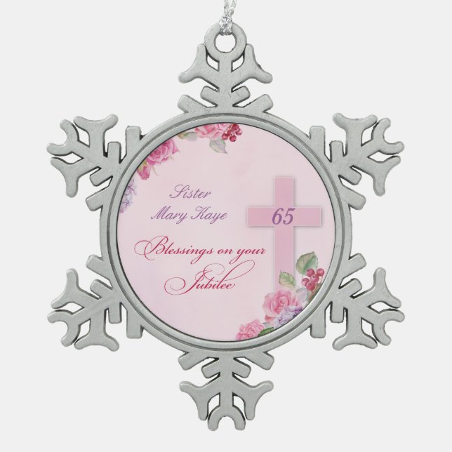 65th Anniversary of Religious Life Catholic Nun Snowflake Pewter Christmas Ornament (Front)